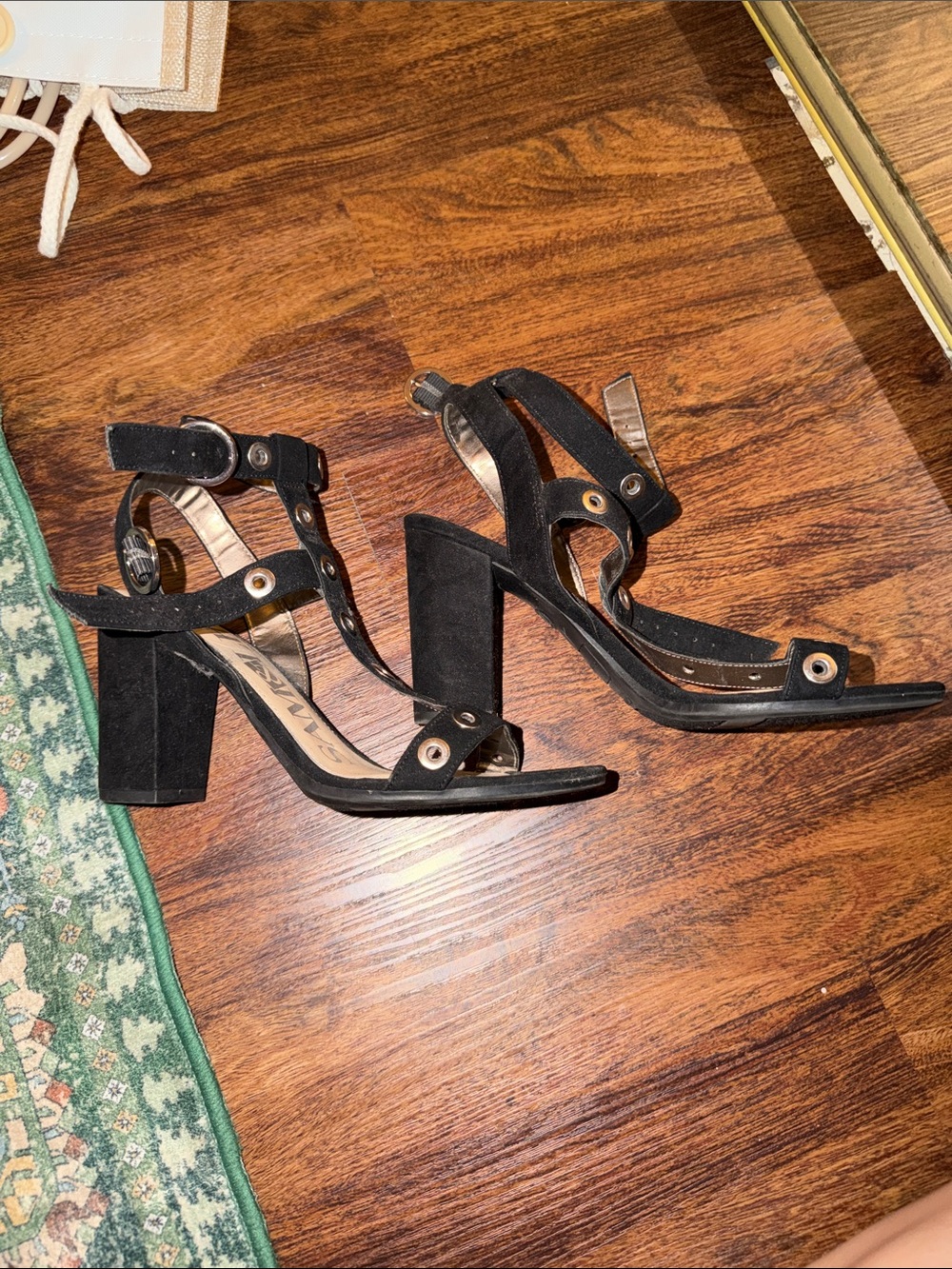 Sam & Libby Black Suede Grommet Block Heel Sandals